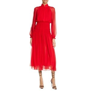 SAU LEE Renata Shirred Long Sleeve Silk Blouson Dress